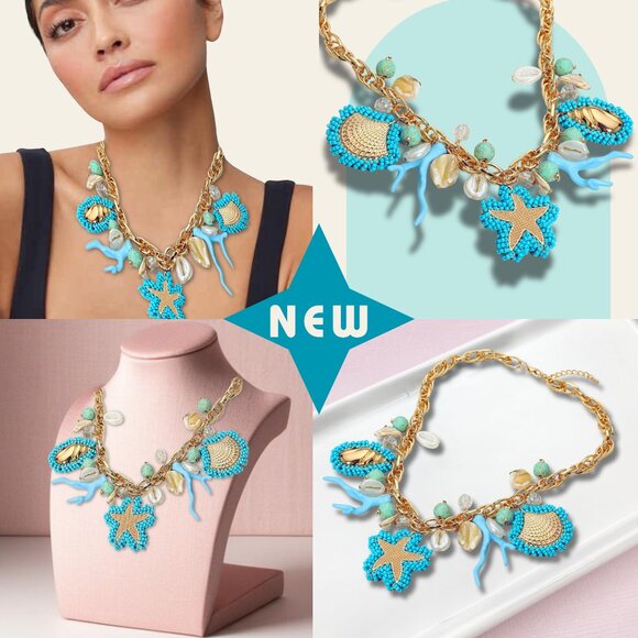 Santorini Beach Resort Gold Chain Starfish Stone Shell Coral Aqua Bead Necklace - Picture 1 of 6